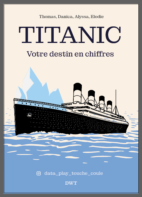 Affiche de présentation du projet Titanic intitulée 'Votre destin en chiffres', avec un dessin du Titanic naviguant devant un iceberg.
