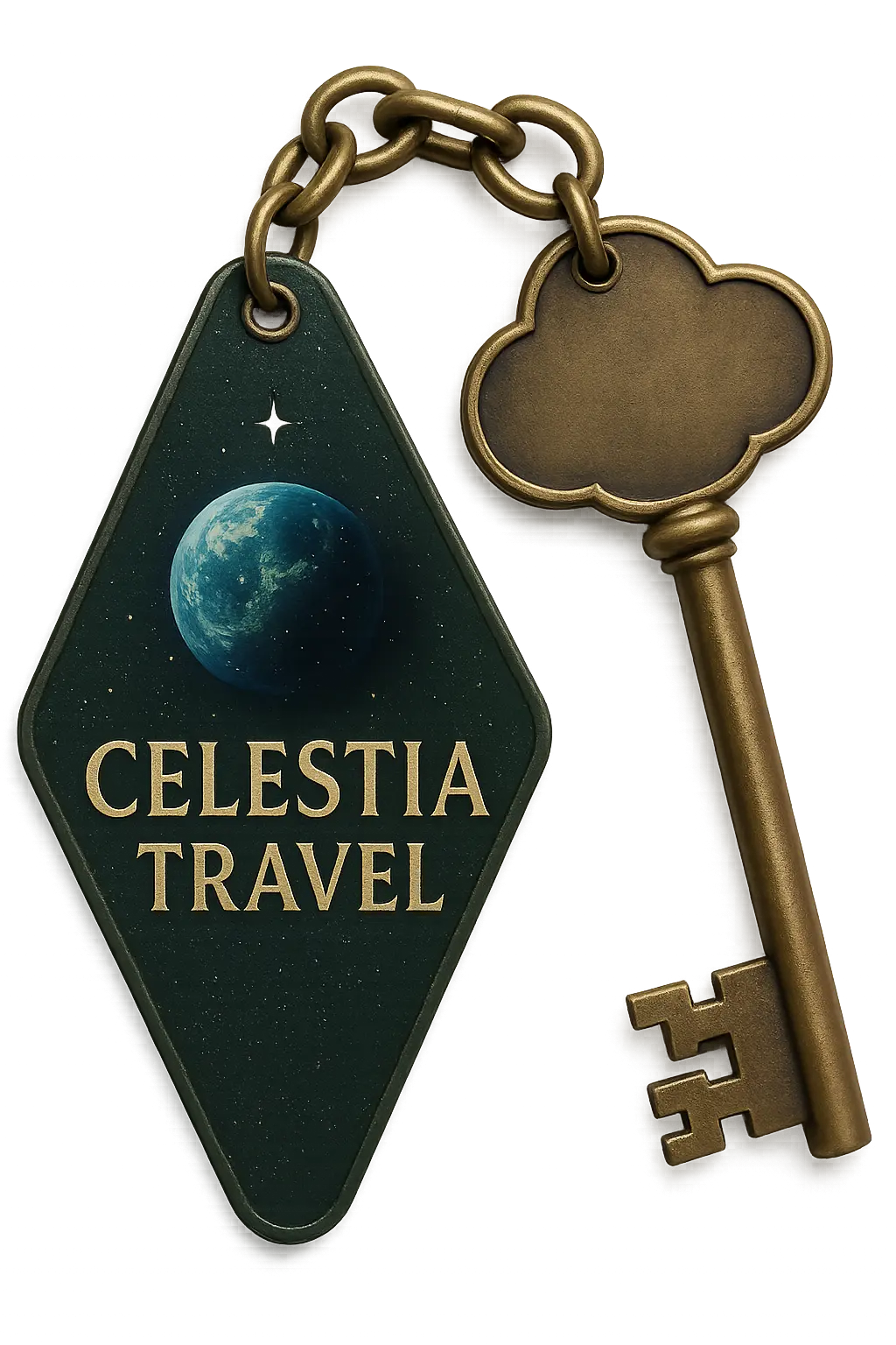 Illustration d'une clé dorée attachée à un porte-clé vert foncé en forme de losange avec une image de la Terre et le texte 'Celestia Travel'.