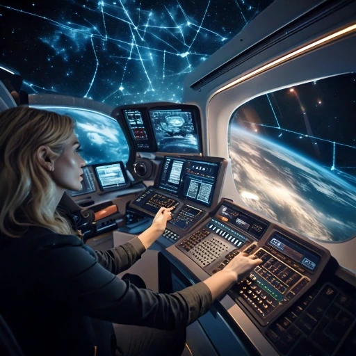 Femme aux commandes d’un vaisseau spatial, entourée de panneaux de contrôle futuristes avec vue sur la Terre et des constellations projetées dans le ciel à travers de grandes fenêtres.