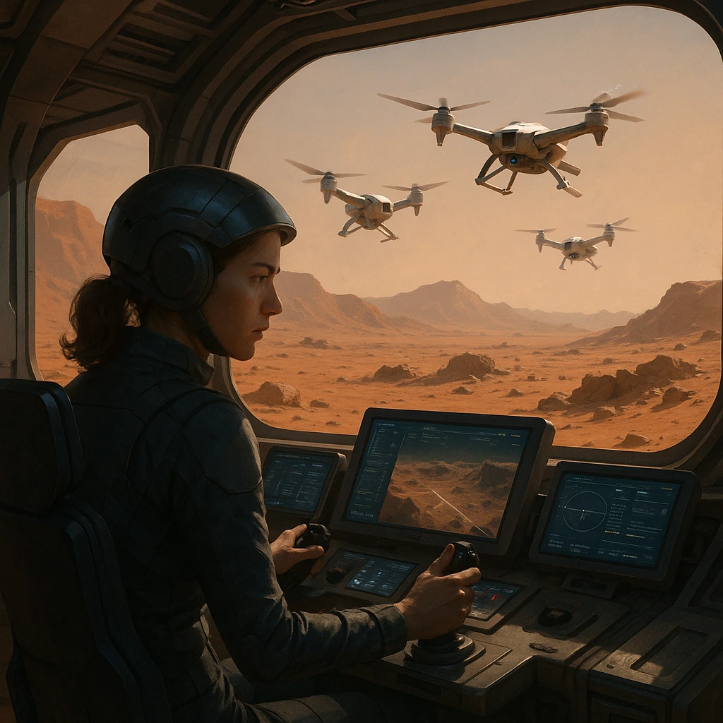 Femme en combinaison et casque pilotant des drones depuis l’intérieur d’un poste de commande sur une planète désertique ressemblant à Mars, visible à travers une grande vitre.
