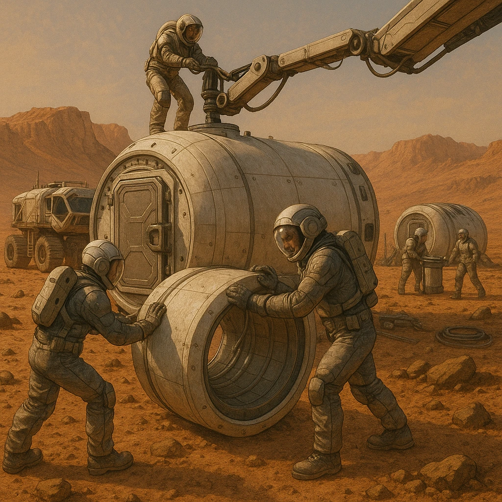 Astronautes en train de construire une base modulaire sur Mars utilisant des modules cylindriques et un bras robotisé, avec un véhicule d’exploration en arrière-plan.