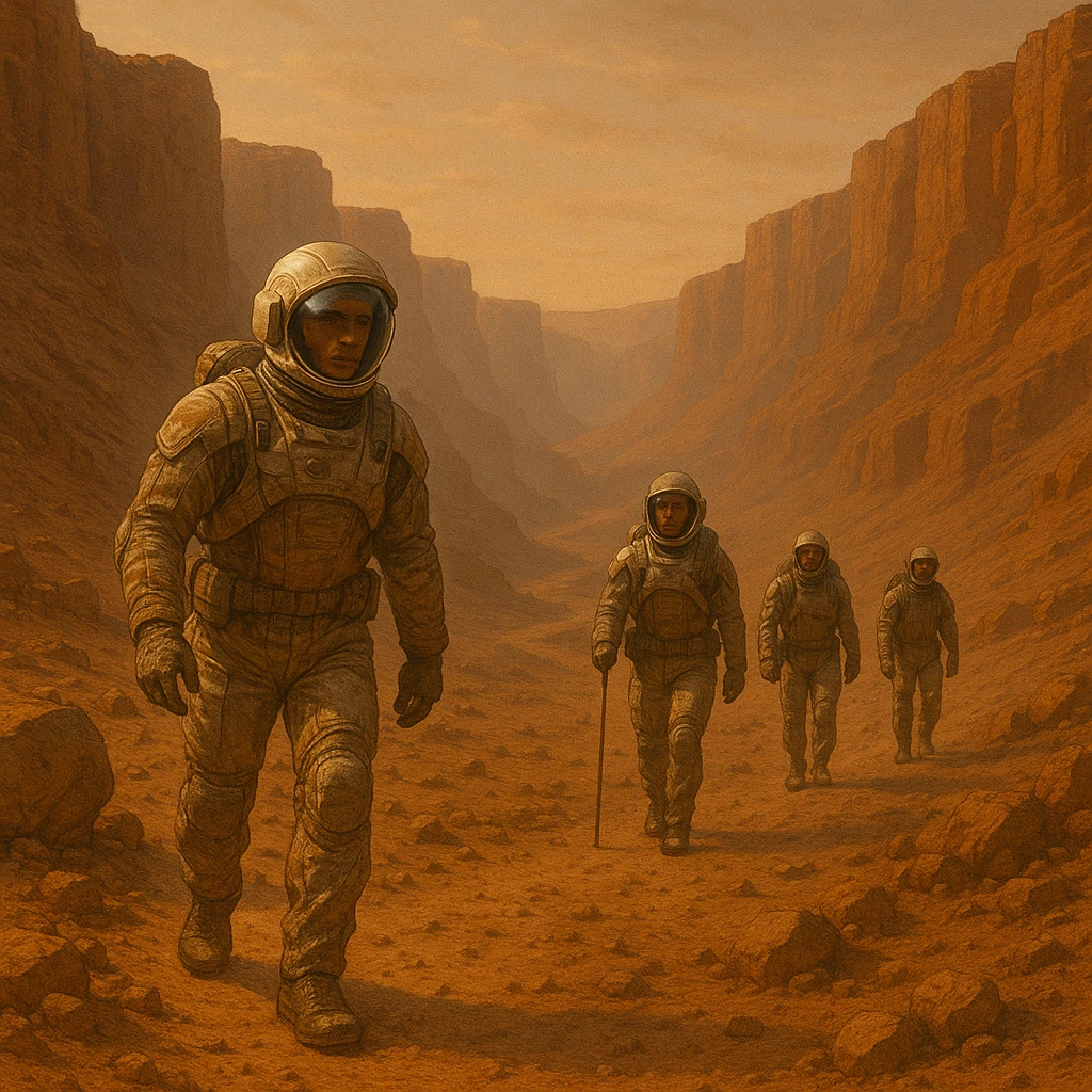 Groupe de quatre astronautes marchant dans un canyon rocheux sur une planète désertique, avec des combinaisons spatiales et un bâton de marche, évoquant une exploration sur Mars.