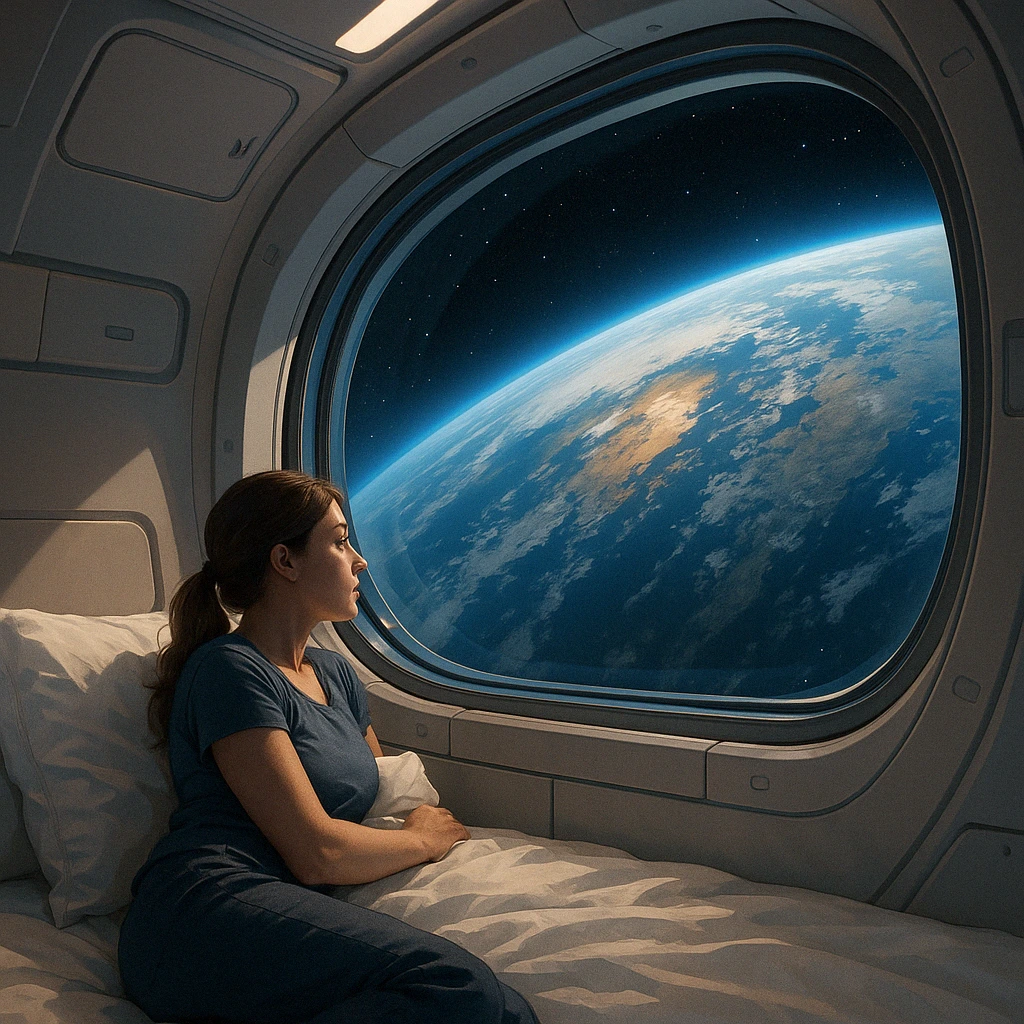 Femme allongée dans un lit à bord d’une station spatiale, regardant la Terre à travers un hublot panoramique depuis l’orbite.