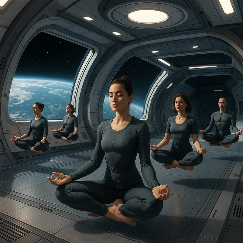Groupe de personnes en lévitation effectuant une séance de méditation ou yoga en apesanteur à bord d’une station spatiale, avec la Terre visible à travers les hublots.