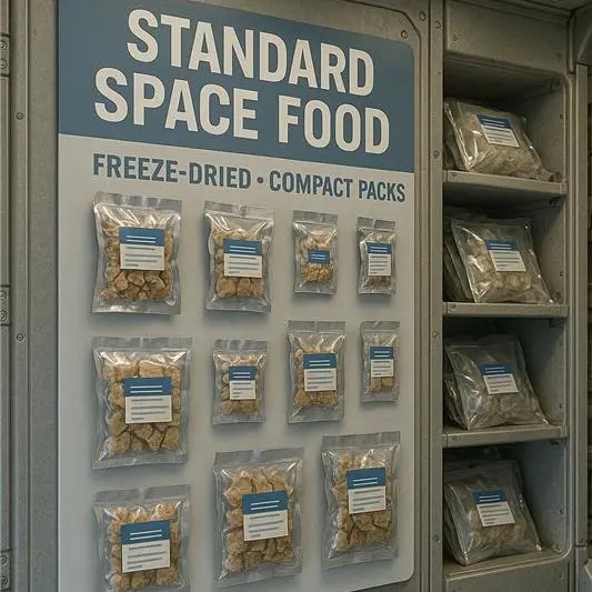 Panneau affichant des packs alimentaires standards pour l’espace, en portions compactes et lyophilisées, avec des sachets transparents fixés au mur et rangés sur des étagères.