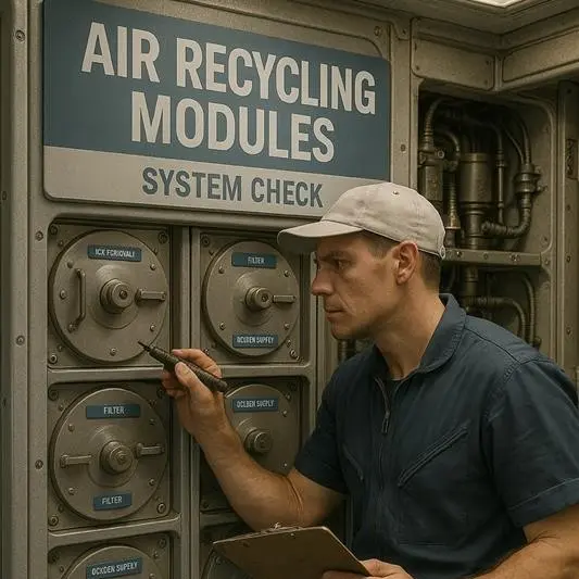 Technicien effectuant un contrôle sur les modules de recyclage d’air dans une station spatiale, en inspectant des filtres et des conduites sous un panneau indiquant 'Air Recycling Modules – System Check'.