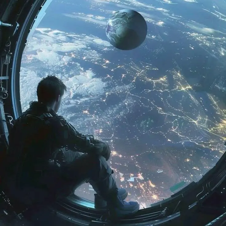 Personne assise dans un hublot spatial, observant la Terre illuminée vue de l’espace avec une autre planète visible au loin.