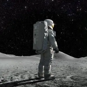 Photographie d’un astronaute marchant seul sur la surface lunaire, avec un ciel noir étoilé en arrière-plan.