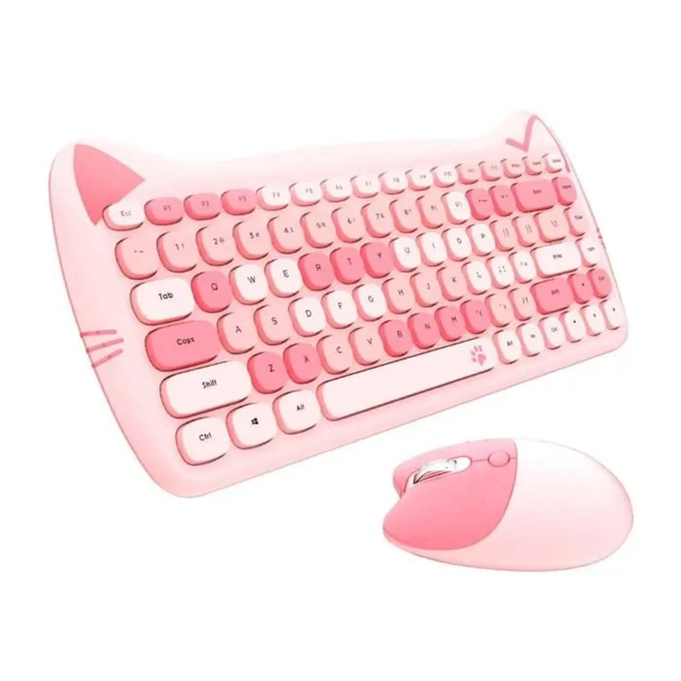 Clavier et souris sans fil roses en forme de chat, avec touches rondes et détails d’oreilles et de pattes.