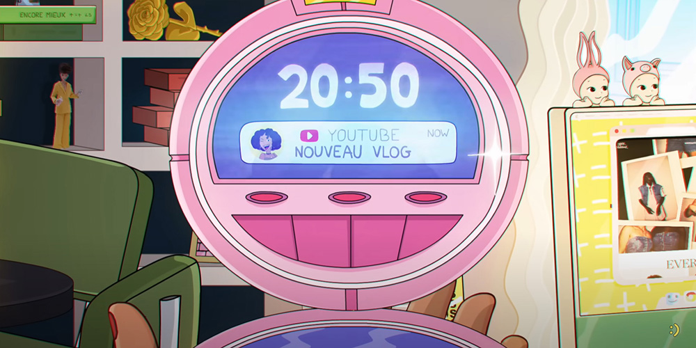 Illustration d’un écran rose rétro affichant une notification YouTube pour un nouveau vlog, ambiance cozy et colorée.