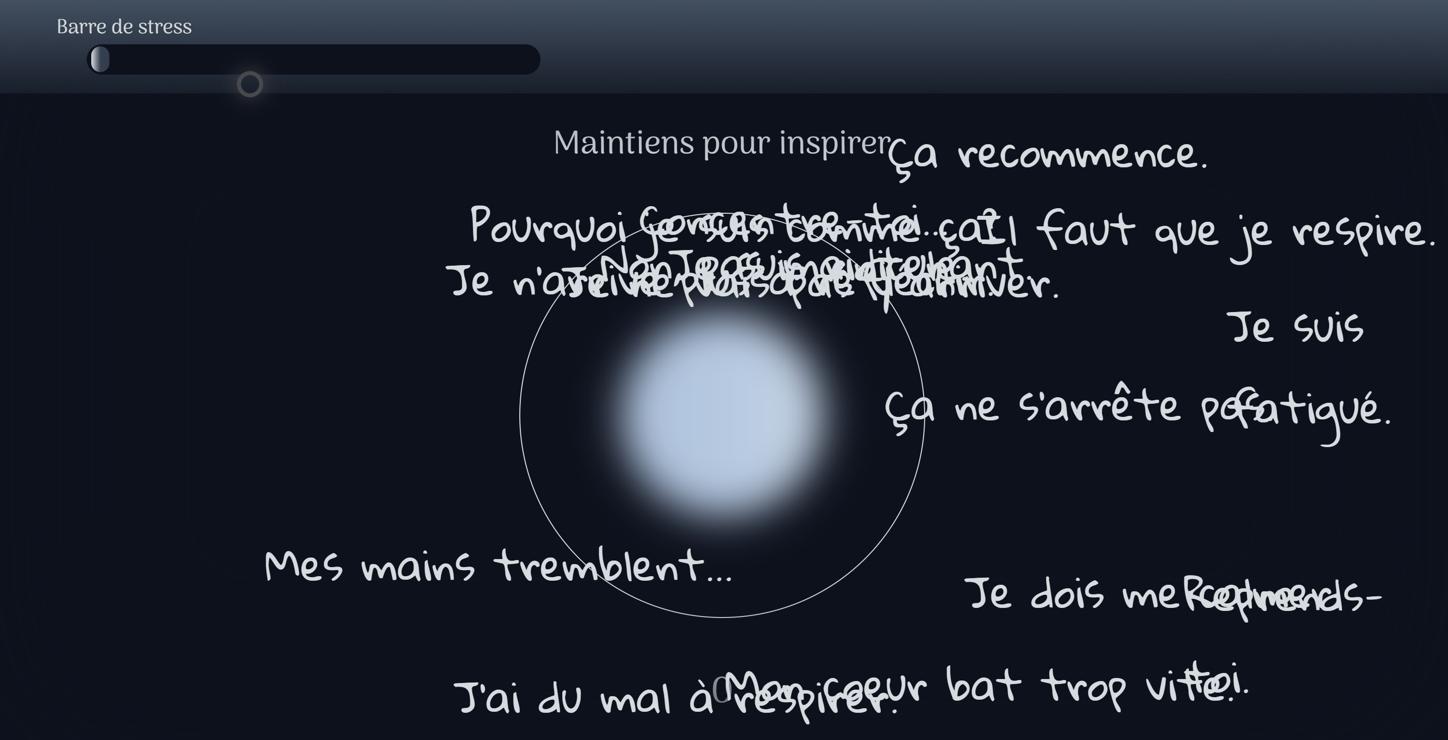 étapes de la crise de l'expérience. Souffle coupé, exercice de respiration interactif avec des pensées flottantes