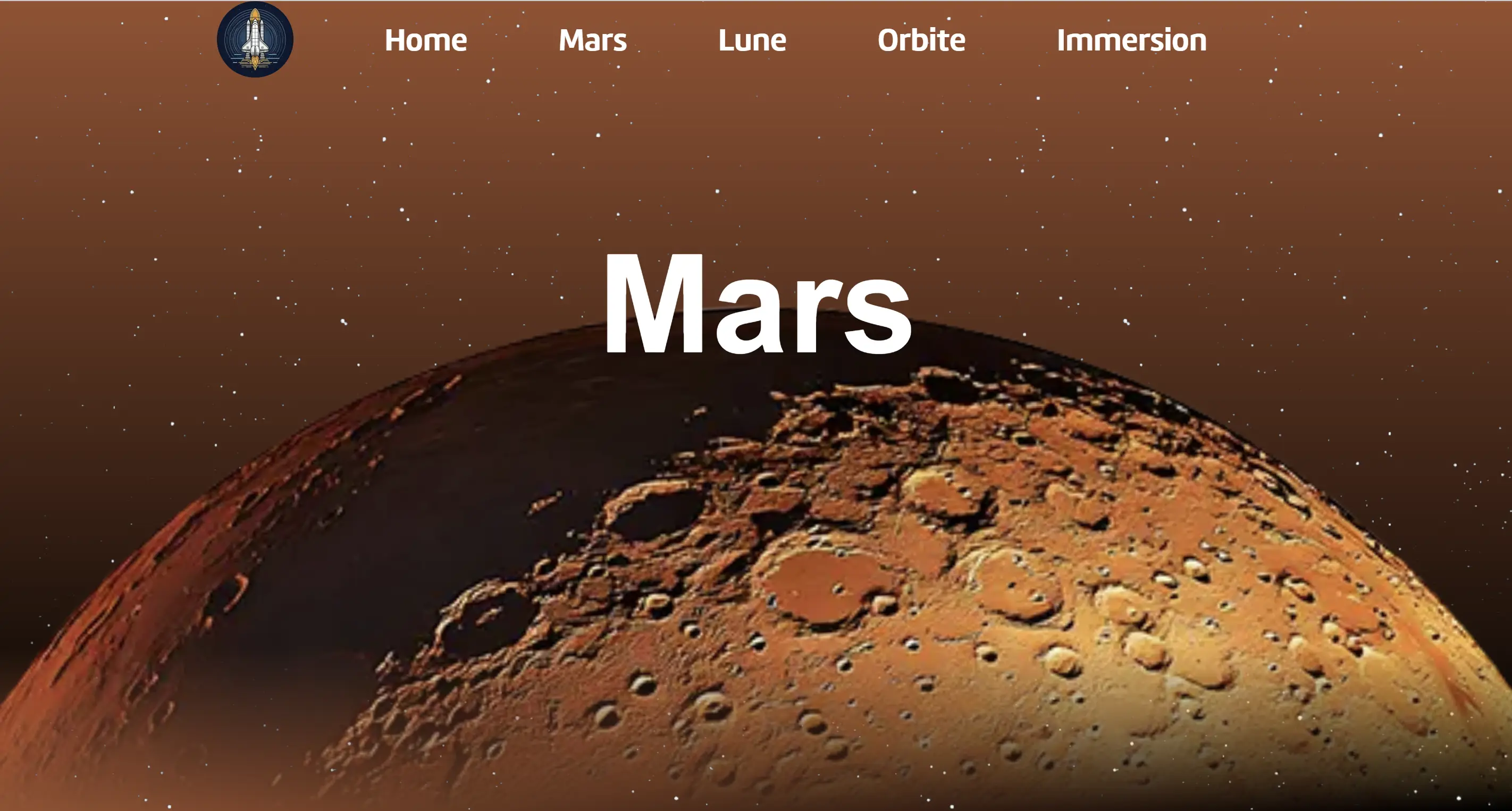 FVue stylisée de la planète Mars avec un fond étoilé et le mot 'Mars' en grand titre, accompagnée d’un menu de navigation en haut de page.