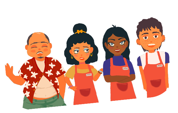 Image de quatre personnages dessinés portant des tabliers orange, deux femmes et deux homme aux expressions variées.